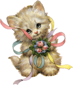 a cute kitten with ribbons and flowers